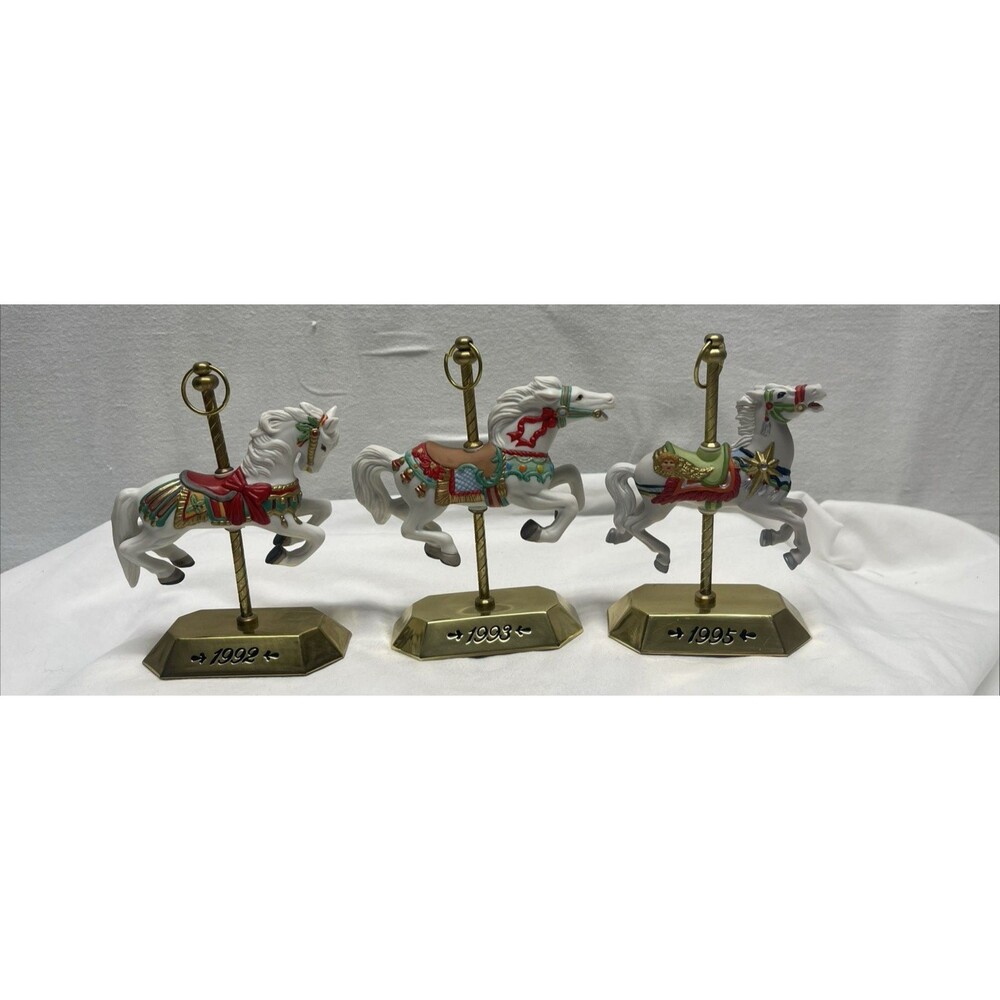Lot 3 Hallmark Mini Carousel Christmas Horses Ornaments 1992 1993 1995 Christmas - Picture 2 of 13